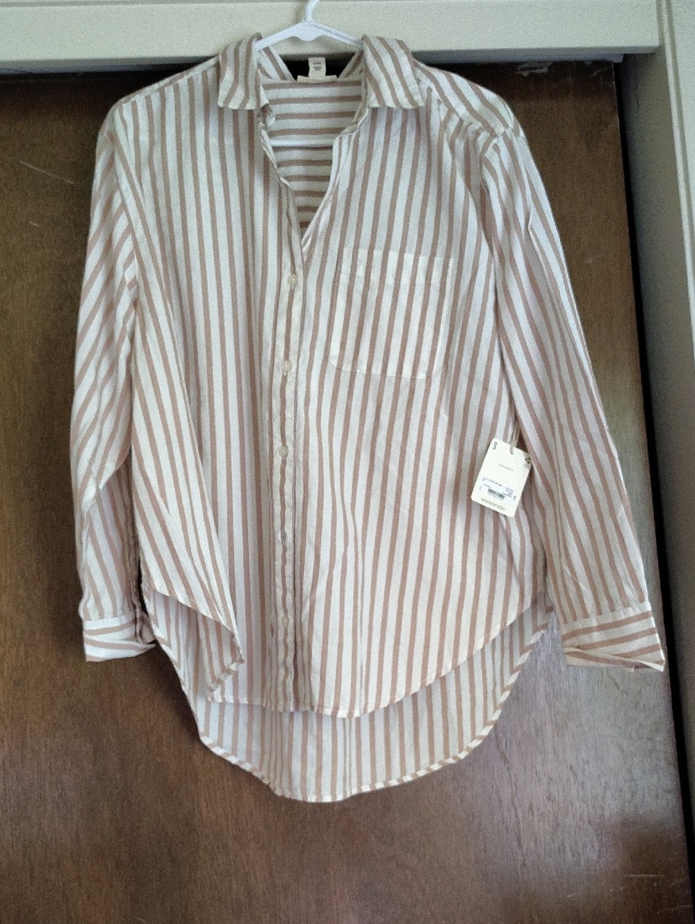 Ladies Long-Sleeve Striped Button-Up Shirt in Beige and White
